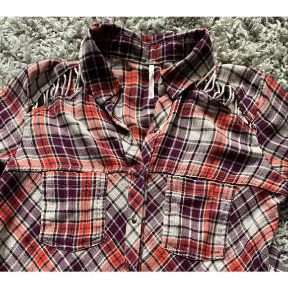 Free People Campfire PLAID flannel BOHO BLOUSE SHIRT TOP sz XS - Picture 3 of 9